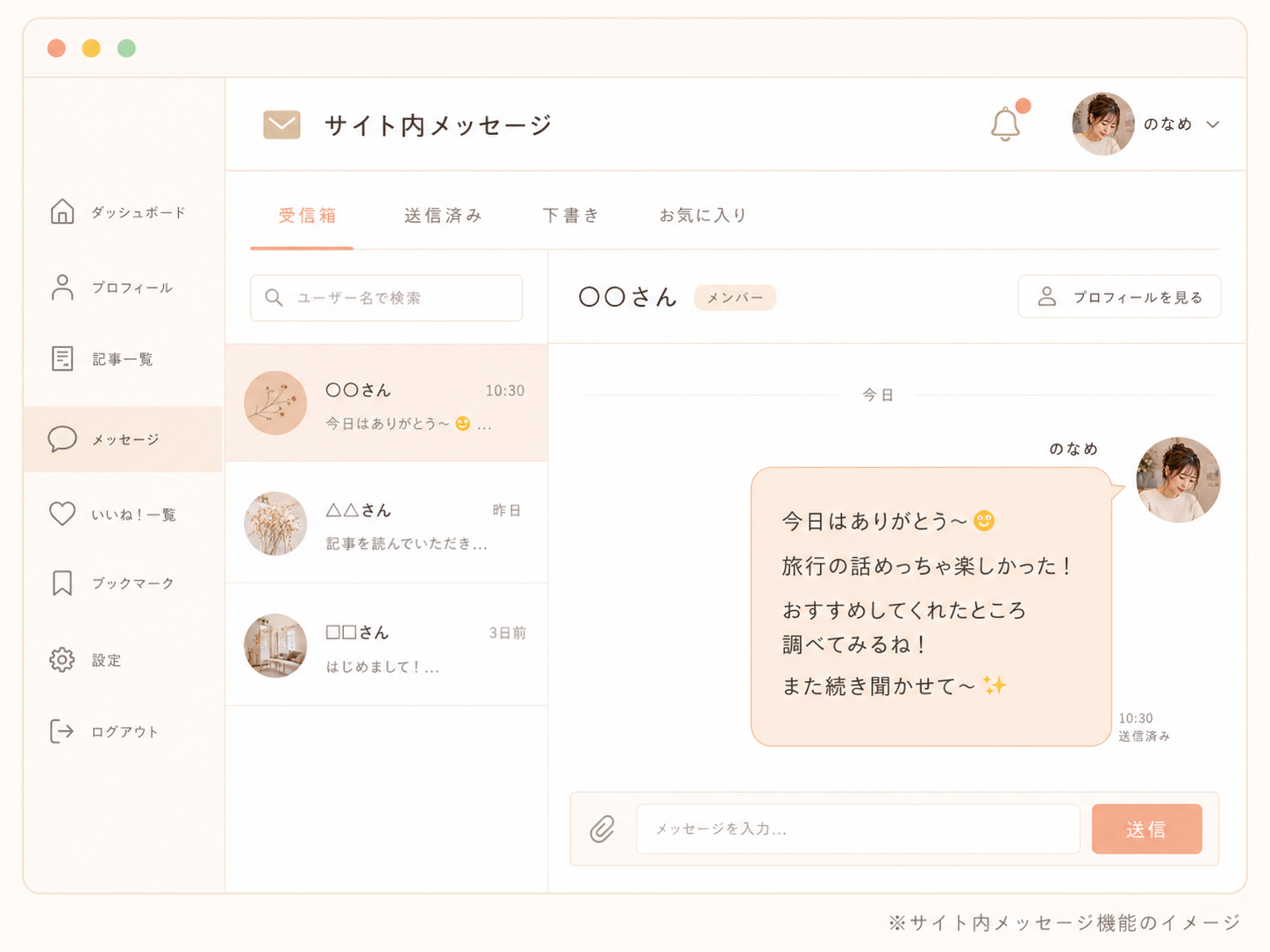 チャットサイト内メッセージ機能のイメージ